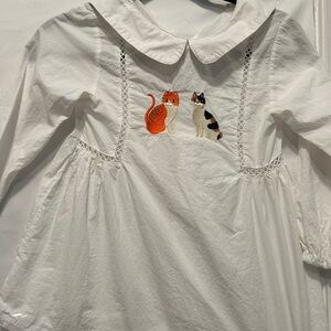 Child White Peter Pan Collar Dress with Embroidered Cats